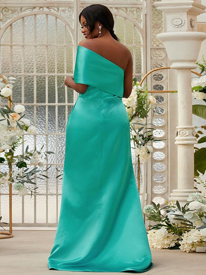 Sheath/Column Satin Ruched One-Shoulder Sleeveless Sweep/Brush Train Bridesmaid Dresses