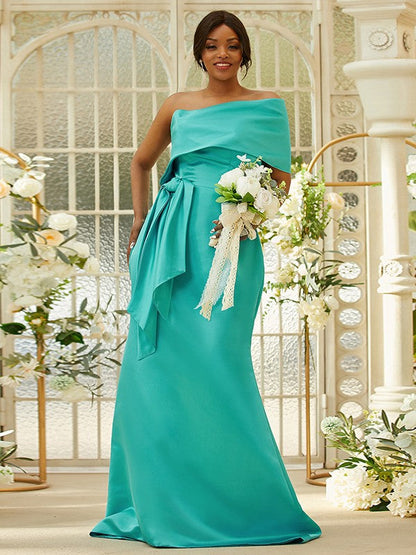 Sheath/Column Satin Ruched One-Shoulder Sleeveless Sweep/Brush Train Bridesmaid Dresses