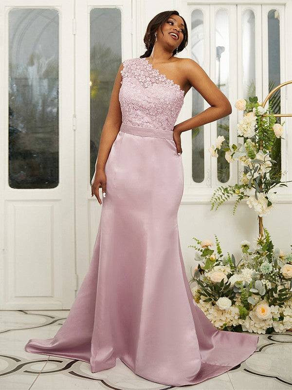 Sheath/Column Satin Lace One-Shoulder Sleeveless Sweep/Brush Train Bridesmaid Dresses