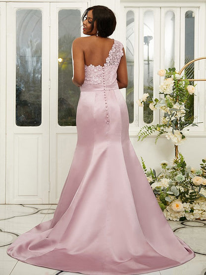 Sheath/Column Satin Lace One-Shoulder Sleeveless Sweep/Brush Train Bridesmaid Dresses