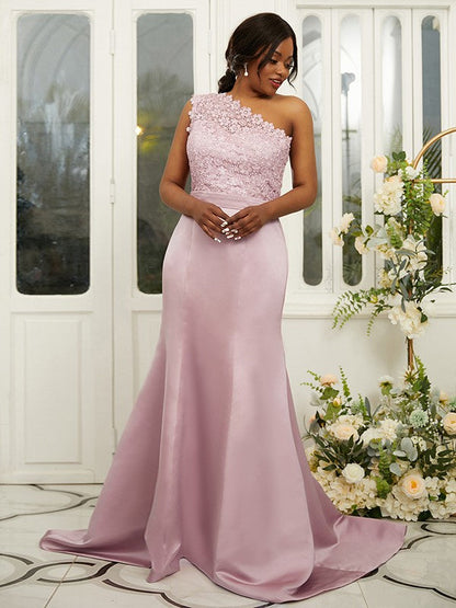 Sheath/Column Satin Lace One-Shoulder Sleeveless Sweep/Brush Train Bridesmaid Dresses