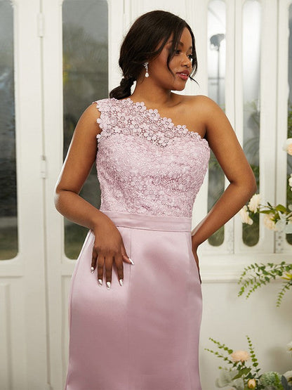 Sheath/Column Satin Lace One-Shoulder Sleeveless Sweep/Brush Train Bridesmaid Dresses