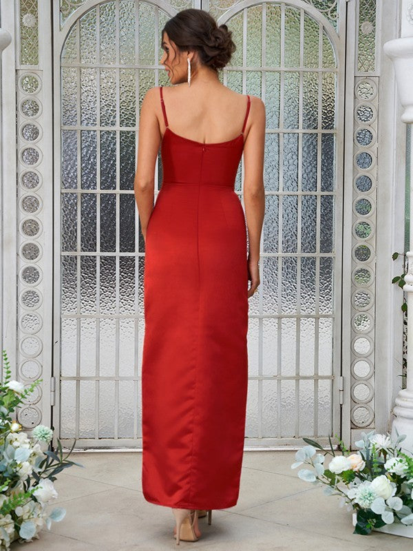 Sheath/Column Satin Ruched Spaghetti Straps Sleeveless Ankle-Length Bridesmaid Dresses