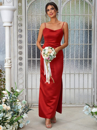 Sheath/Column Satin Ruched Spaghetti Straps Sleeveless Ankle-Length Bridesmaid Dresses