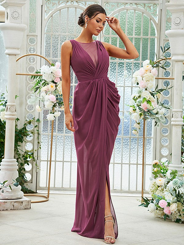 Sheath/Column Chiffon Ruched Scoop Sleeveless Floor-Length Bridesmaid Dresses