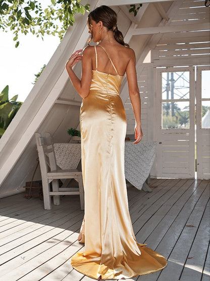 Sheath/Column Silk like Satin Ruched One-Shoulder Sleeveless Sweep/Brush Train Bridesmaid Dresses