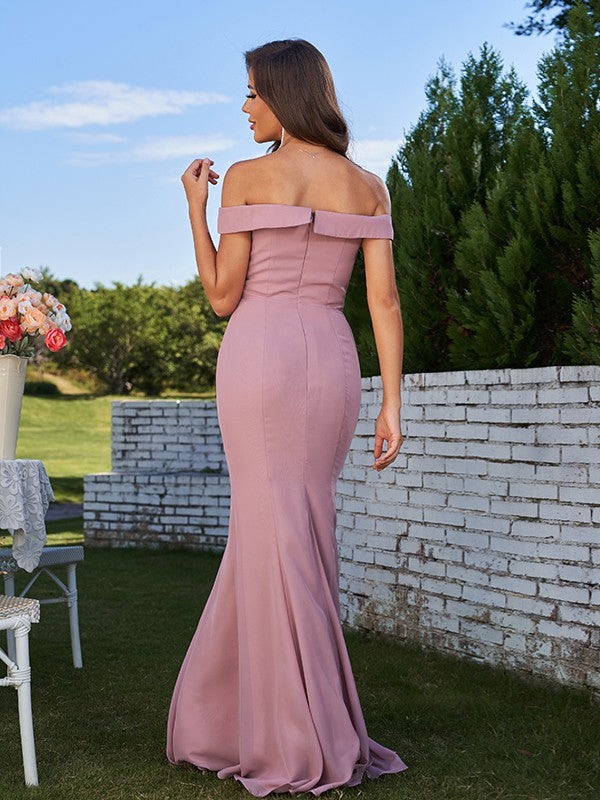 Sheath/Column Chiffon Ruched Off-the-Shoulder Sleeveless Sweep/Brush Train Bridesmaid Dresses