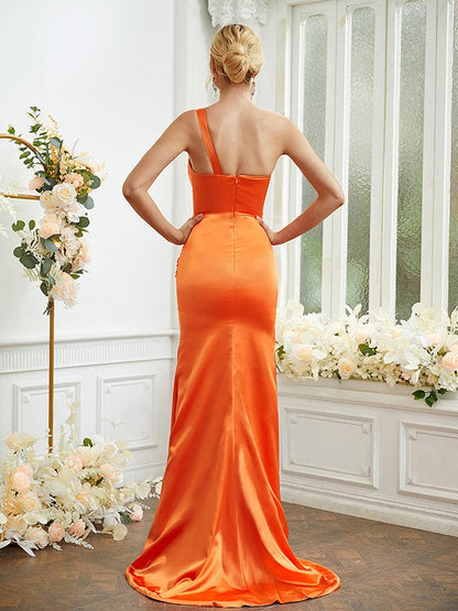 Sheath/Column Elastic Woven Satin Ruched One-Shoulder Sleeveless Sweep/Brush Train Bridesmaid Dresses