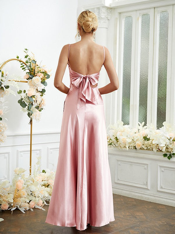 Sheath/Column Elastic Woven Satin Ruched Spaghetti Straps Sleeveless Floor-Length Bridesmaid Dresses