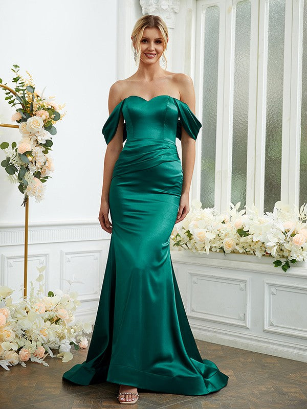 Sheath/Column Elastic Woven Satin Ruched Off-the-Shoulder Sleeveless Sweep/Brush Train Bridesmaid Dresses