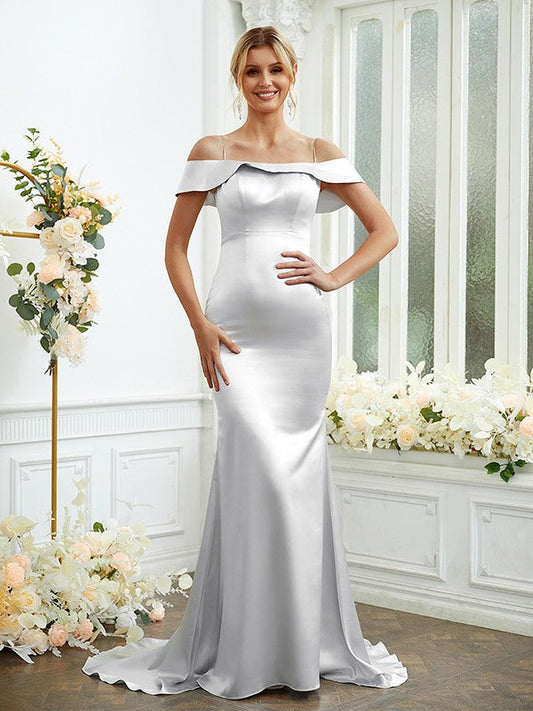 Sheath/Column Elastic Woven Satin Spaghetti Straps Sleeveless Sweep/Brush Train Bridesmaid Dresses