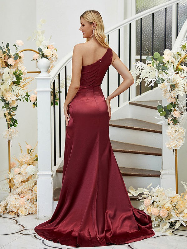 Sheath/Column Elastic Woven Satin Ruched One-Shoulder Sleeveless Sweep/Brush Train Bridesmaid Dresses