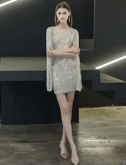 Sheath / Column Sparkle Elegant Homecoming Cocktail Party Dress V Neck Long Sleeve Short / Mini Sequined with Sequin Slit