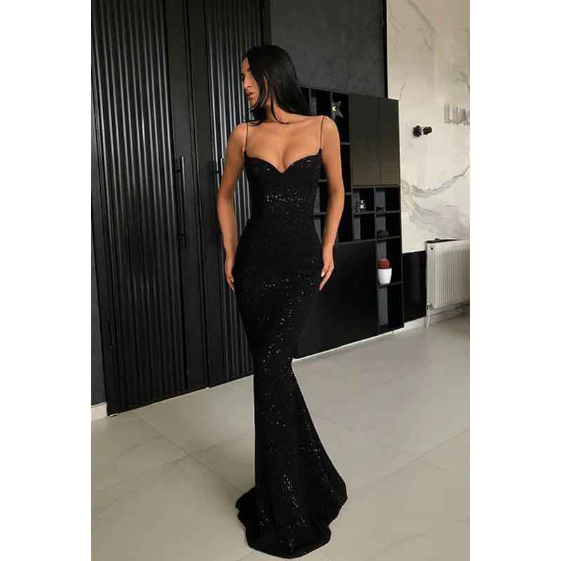 Spaghetti Straps Sequined Mermaid Long Prom Evening Dress