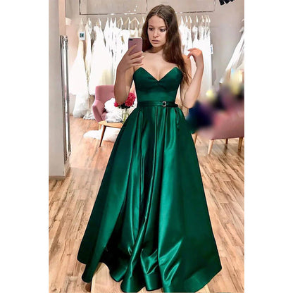 Strapless V-neck Green Satin A-line Long Simple Prom Dress with Split