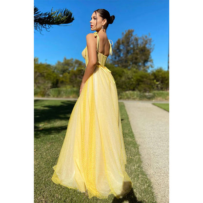 Spaghetti Straps Sweetheart Yellow Tulle Long Prom Dress