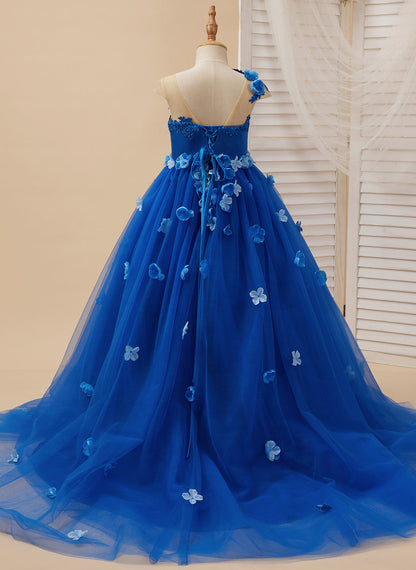 Princess Ball Gown Flower Girl Dress with Appliques and Bow Royal Blue