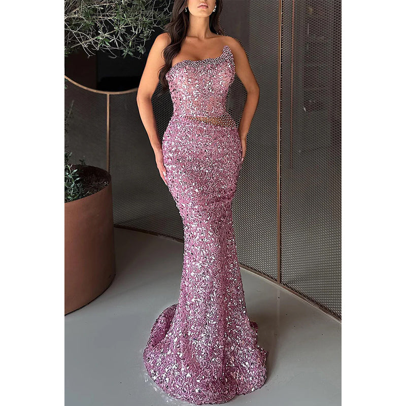 Glitter Trumpet Strapless Beaded Party Prom Evening Dress