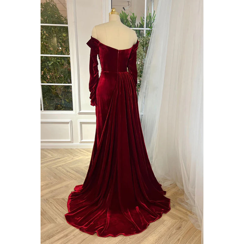 Elegant Red Off-Shoudler Long Sleeves Ruched Slit Prom Dress With Flower