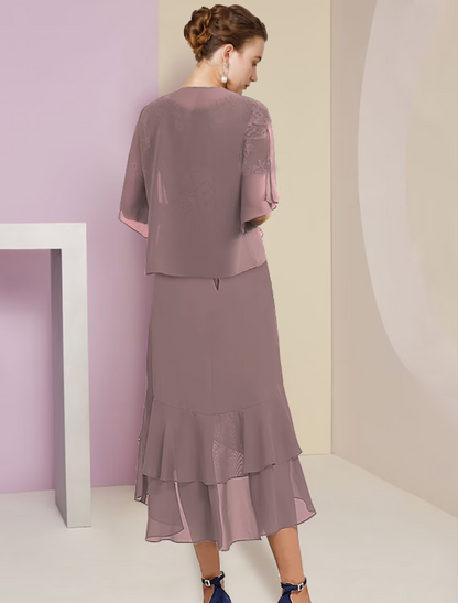 Zweiteiliges A-Linien-Kleid für die Mutter der Braut, formeller Hochzeitsgast, elegant, hoher Tiefausschnitt, V-Ausschnitt, asymmetrisch, wadenlang, Chiffon, Spitze, kurze Ärmel, 3/4-Ärmel, Wickelärmel, inklusive Applikationen