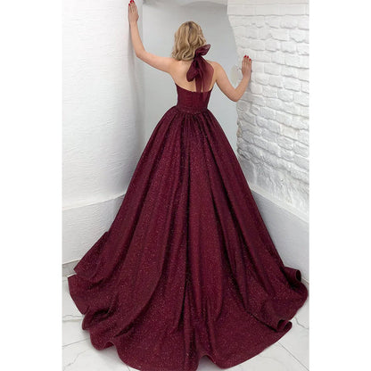 Unique Halter Burgunyd Long Prom Dress Glitter