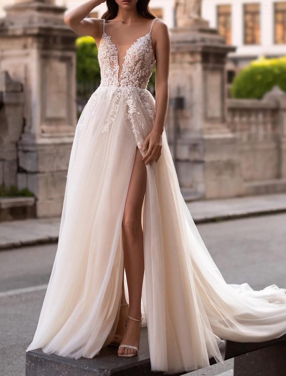 NumberSea - Beach A - Line Camisole V Neck Sleeveless Court Train Tulle Wedding Dresses Bridal Gowns