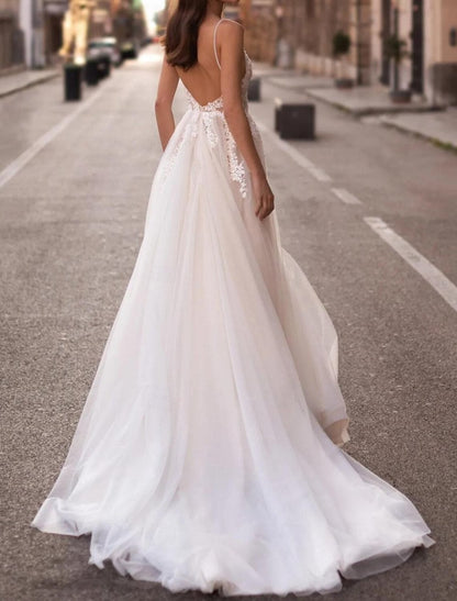 NumberSea - Beach A - Line Camisole V Neck Sleeveless Court Train Tulle Wedding Dresses Bridal Gowns