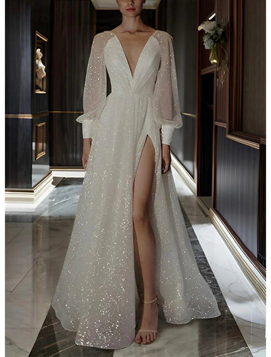 NumberSea - Beach A - Line V Neck Long Sleeve Floor Length Sequined Wedding Dresses Bridal Gowns