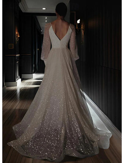 NumberSea - Beach A - Line V Neck Long Sleeve Floor Length Sequined Wedding Dresses Bridal Gowns