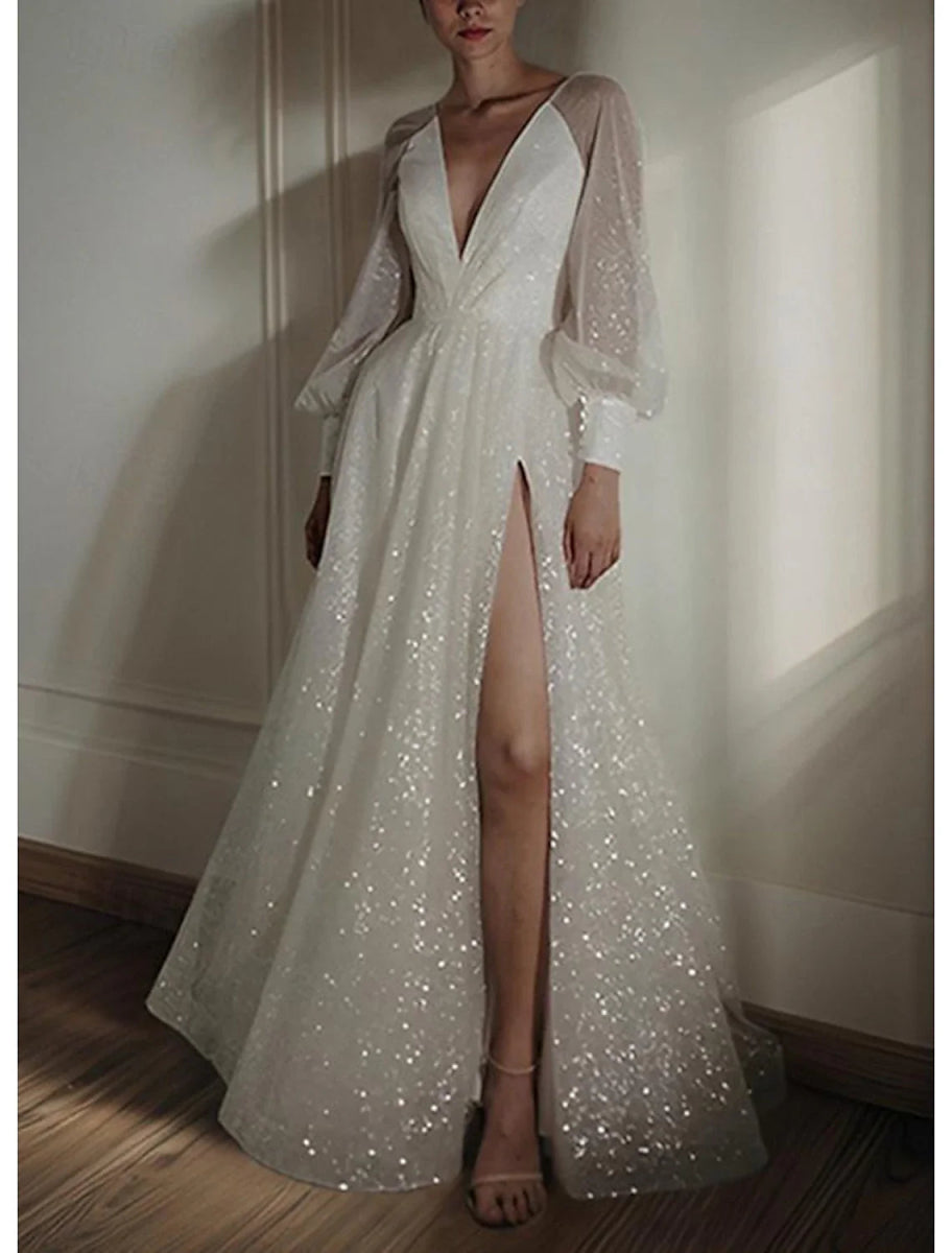 NumberSea - Beach A - Line V Neck Long Sleeve Floor Length Sequined Wedding Dresses Bridal Gowns