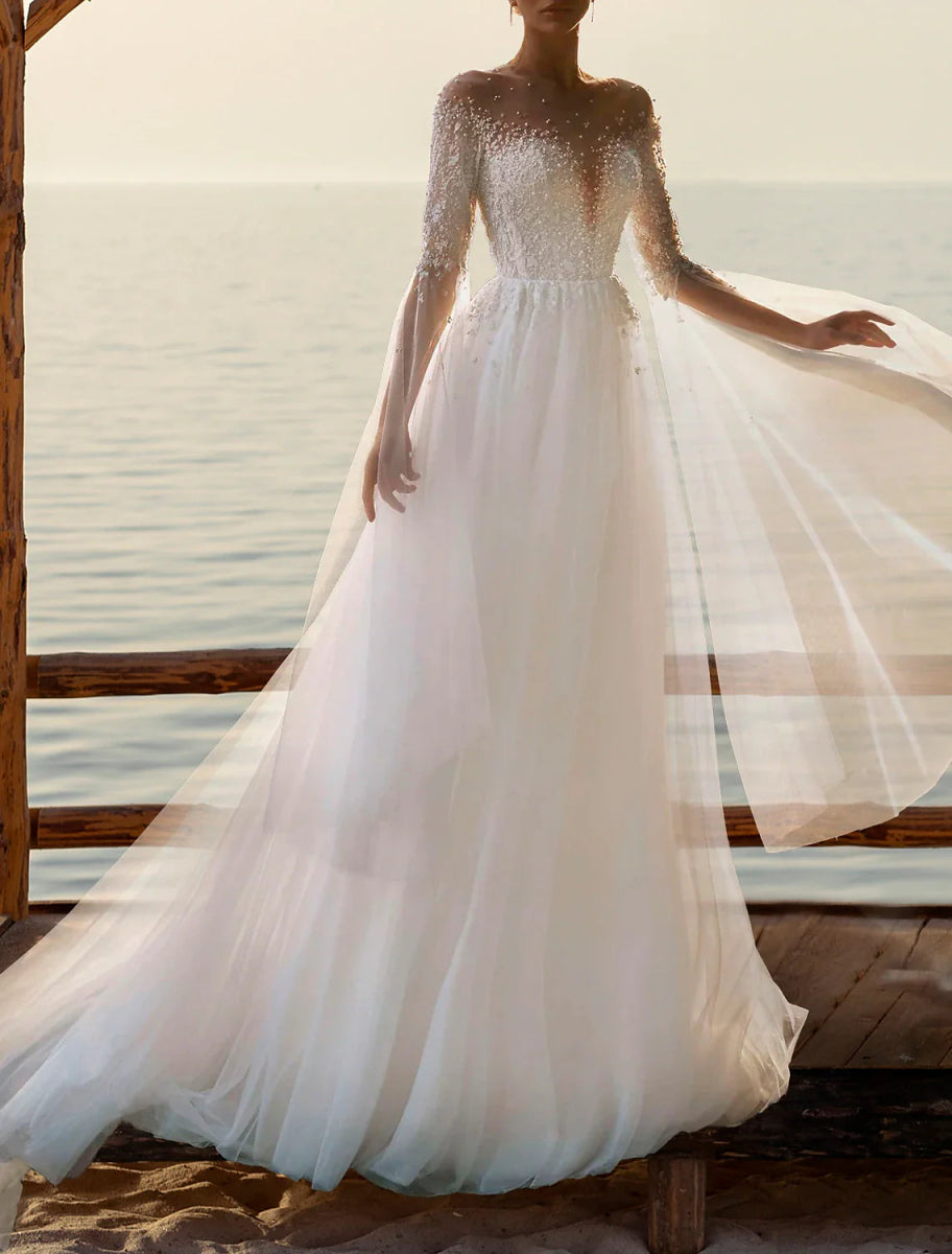 NumberSea - Beach Boho Wedding Dresses A - Line Illusion Neck Long Sleeve Court Train Tulle Bridal Gowns With Beading Appliques