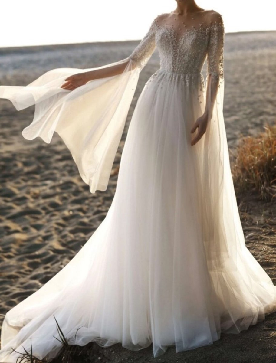 NumberSea - Beach Boho Wedding Dresses A - Line Illusion Neck Long Sleeve Court Train Tulle Bridal Gowns With Beading Appliques