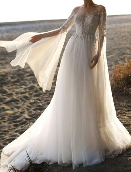 NumberSea - Beach Boho Wedding Dresses A - Line Illusion Neck Long Sleeve Court Train Tulle Bridal Gowns With Beading Appliques