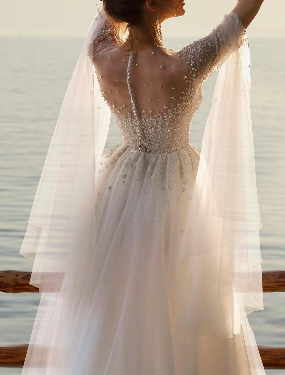 NumberSea - Beach Boho Wedding Dresses A - Line Illusion Neck Long Sleeve Court Train Tulle Bridal Gowns With Beading Appliques