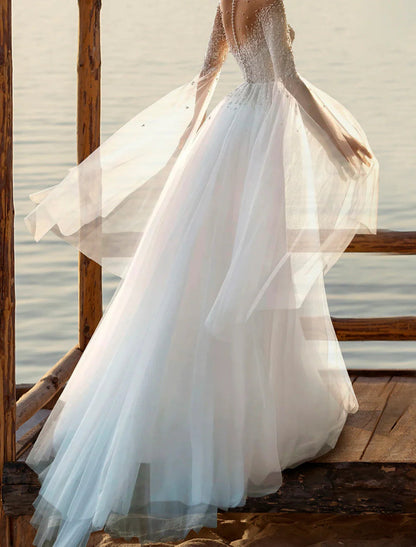 NumberSea - Beach Boho Wedding Dresses A - Line Illusion Neck Long Sleeve Court Train Tulle Bridal Gowns With Beading Appliques