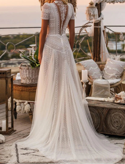 NumberSea - Beach Boho Wedding Dresses A - Line Illusion Neck Short Sleeve Court Train Lace Outdoor Bridal Gowns With Appliques