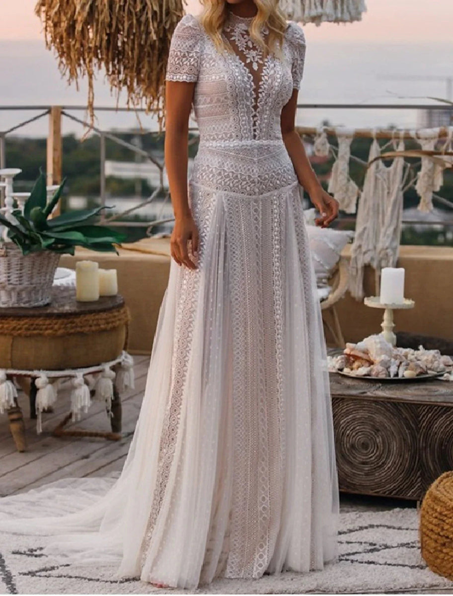 NumberSea - Beach Boho Wedding Dresses A - Line Illusion Neck Short Sleeve Court Train Lace Outdoor Bridal Gowns With Appliques