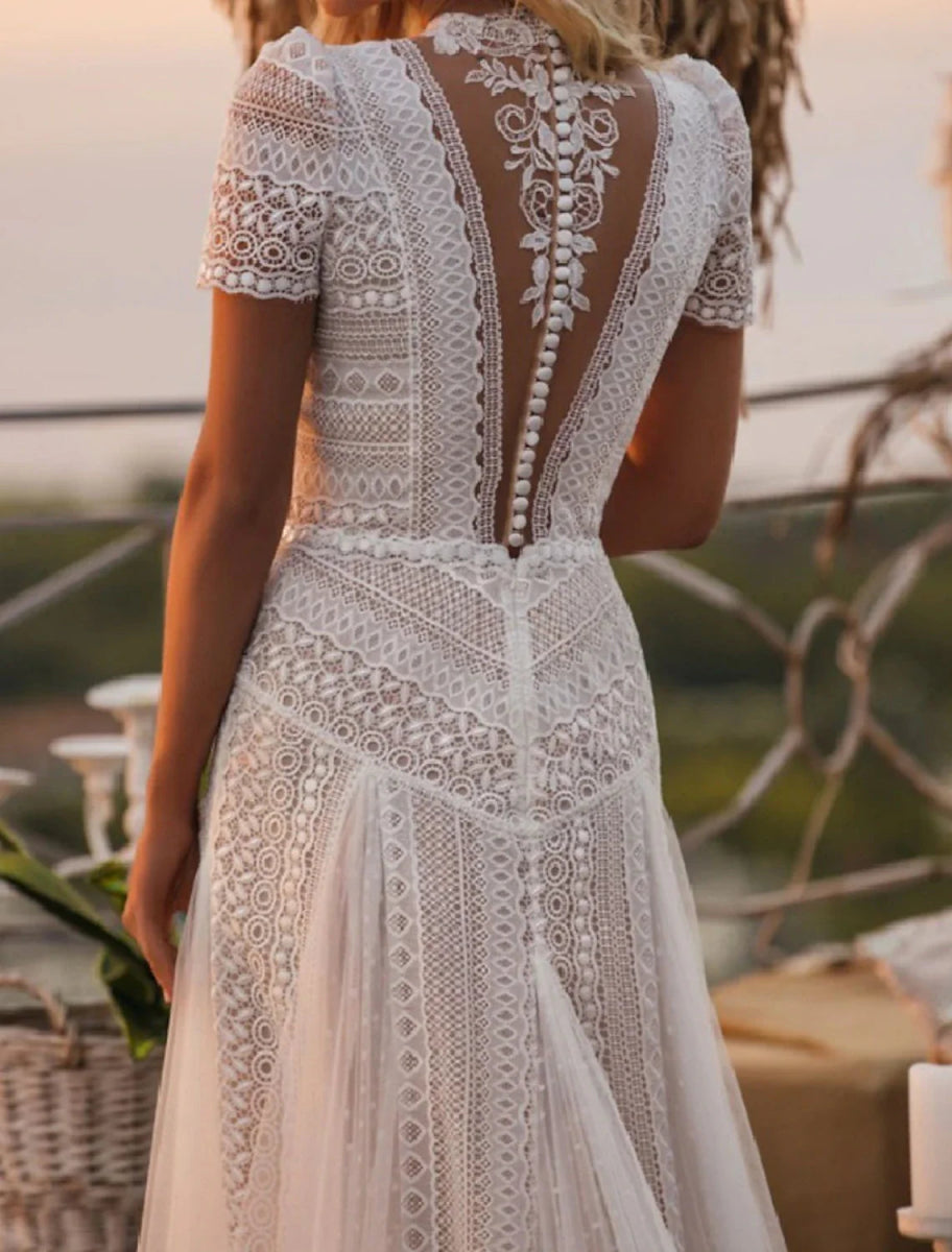 NumberSea - Beach Boho Wedding Dresses A - Line Illusion Neck Short Sleeve Court Train Lace Outdoor Bridal Gowns With Appliques