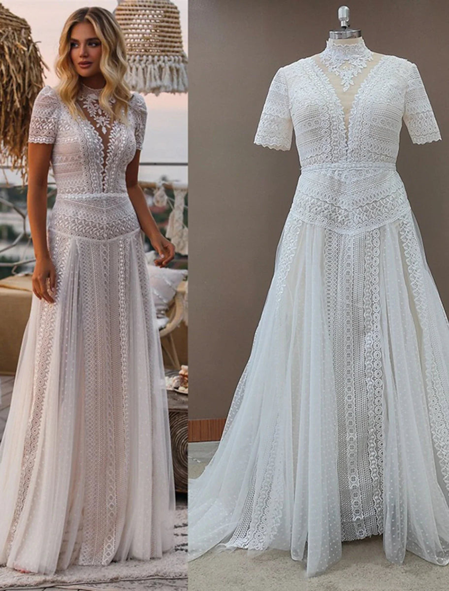 NumberSea - Beach Boho Wedding Dresses A - Line Illusion Neck Short Sleeve Court Train Lace Outdoor Bridal Gowns With Appliques