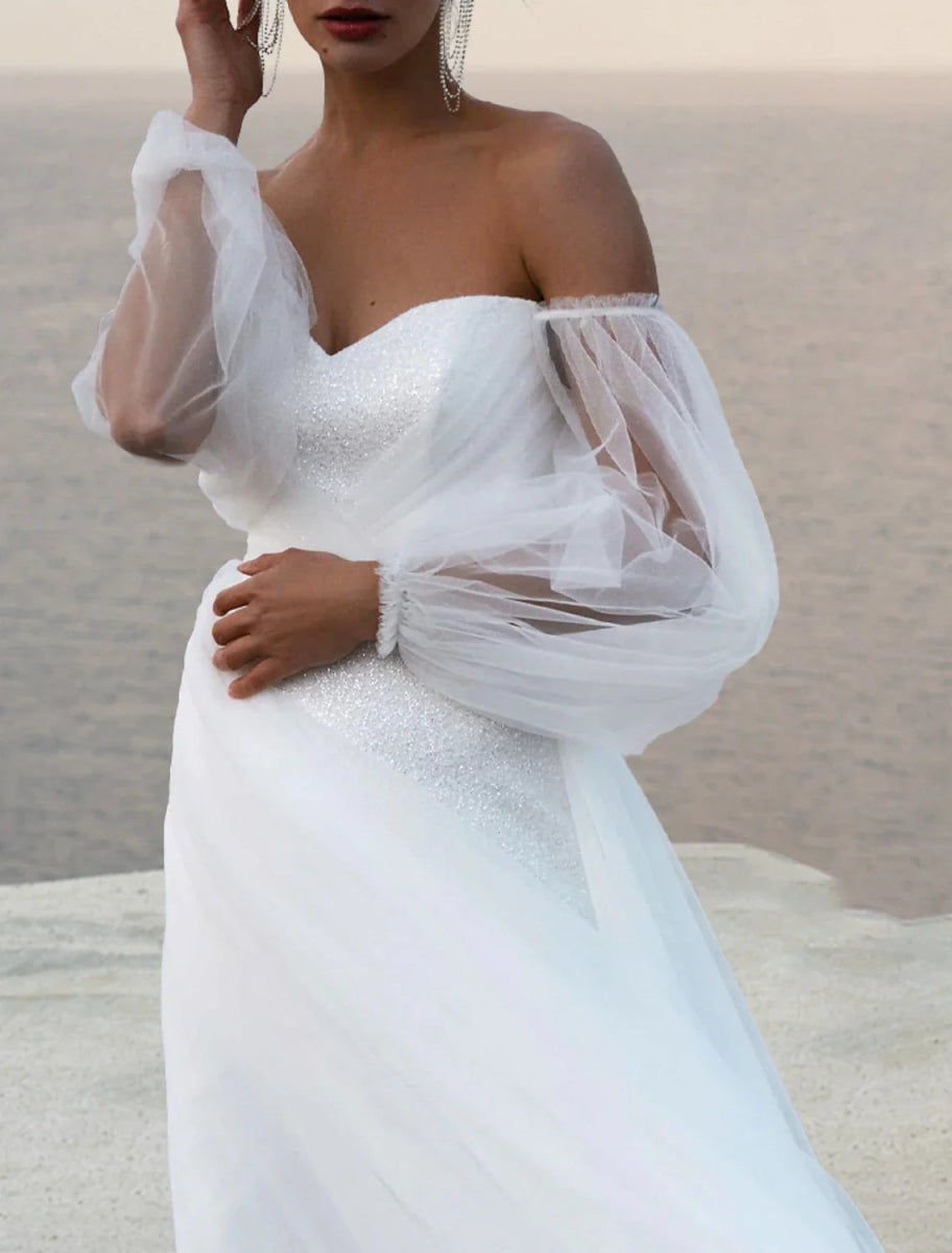 NumberSea - Beach Boho Wedding Dresses A - Line Off Shoulder 3/4 Length Sleeve Court Train Satin Bridal Gowns With Solid Color