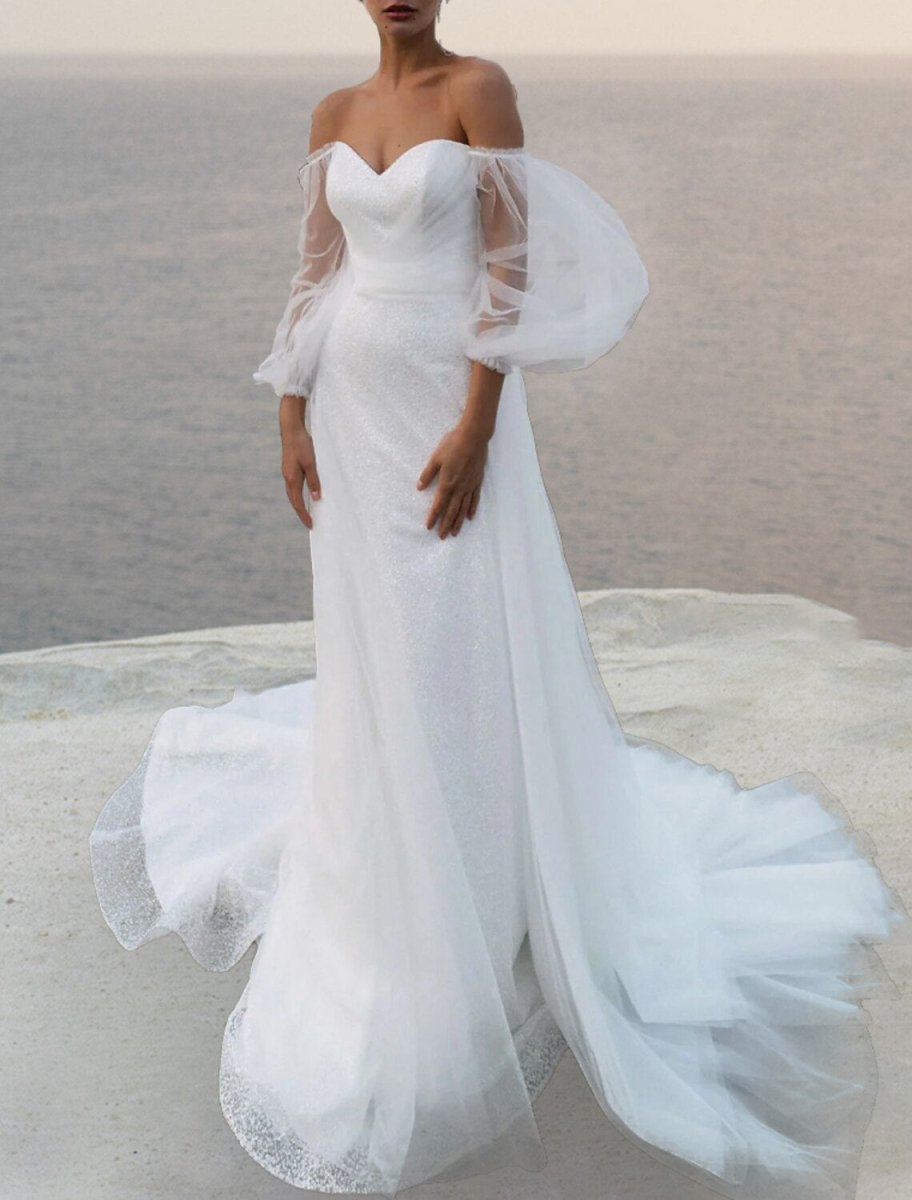 NumberSea - Beach Boho Wedding Dresses A - Line Off Shoulder 3/4 Length Sleeve Court Train Satin Bridal Gowns With Solid Color