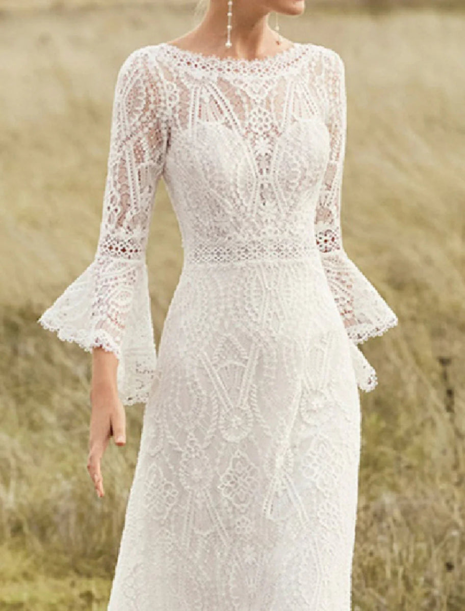 NumberSea - Beach Boho Wedding Dresses A - Line Scoop Neck Long Sleeve Sweep / Brush Train Lace Bridal Gowns With Lace Solid Color