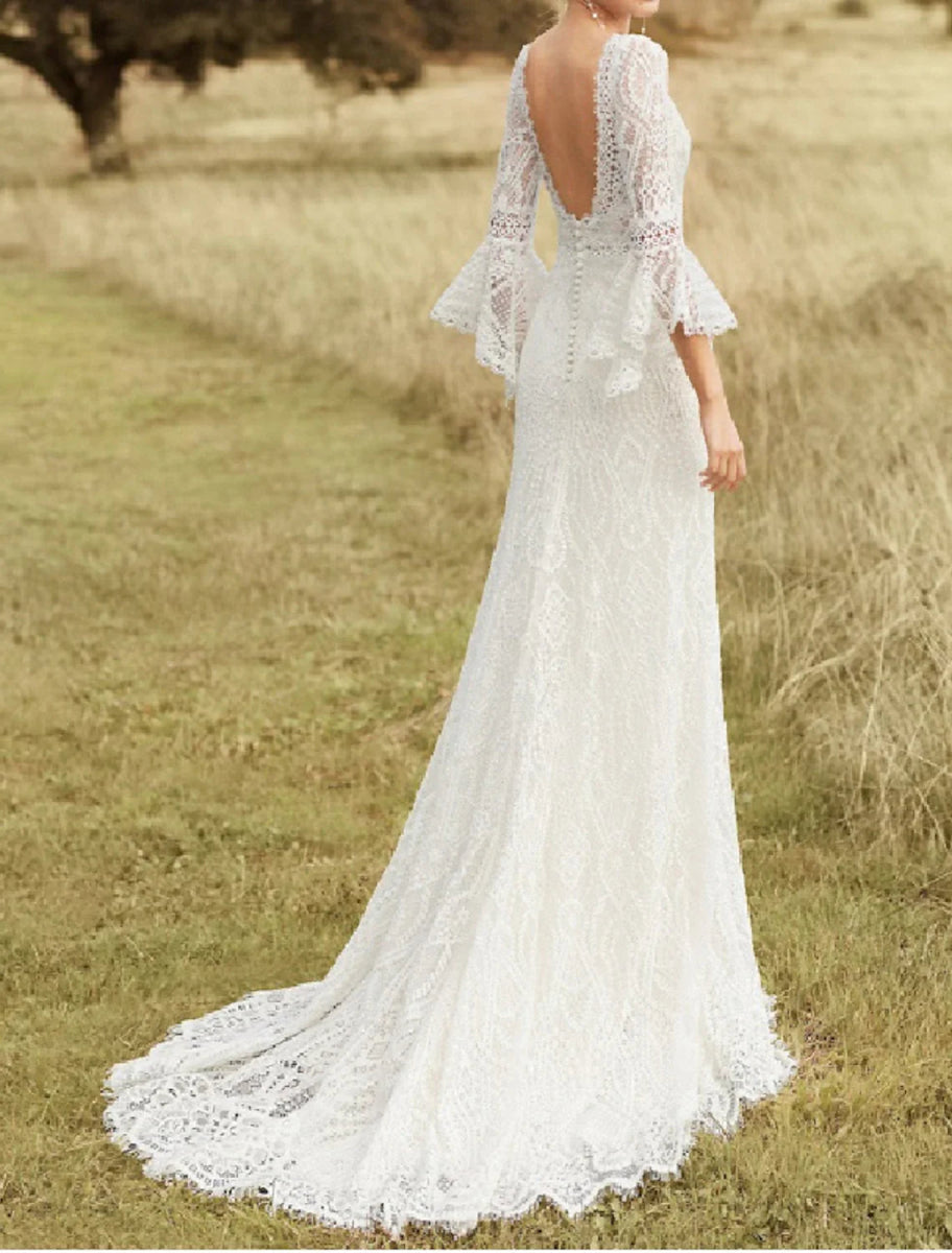 NumberSea - Beach Boho Wedding Dresses A - Line Scoop Neck Long Sleeve Sweep / Brush Train Lace Bridal Gowns With Lace Solid Color