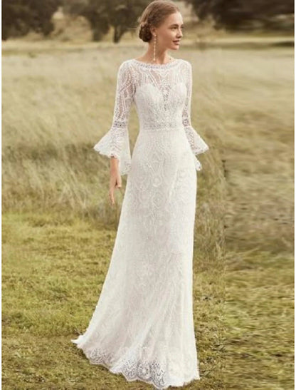 NumberSea - Beach Boho Wedding Dresses A - Line Scoop Neck Long Sleeve Sweep / Brush Train Lace Bridal Gowns With Lace Solid Color