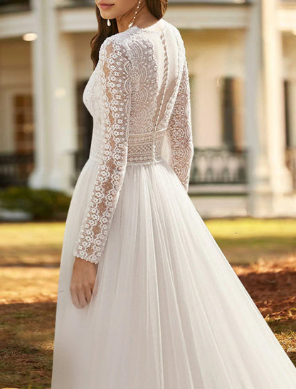 NumberSea - Beach Boho Wedding Dresses A - Line V Neck Long Sleeve Court Train Lace Bridal Gowns With Split Front