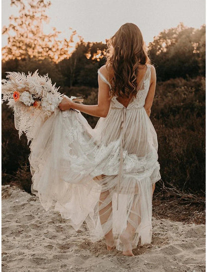 NumberSea - Beach Boho Wedding Dresses A - Line V Neck Sleeveless Court Train Lace Bridal Gowns With Lace Summer Fall Wedding Party