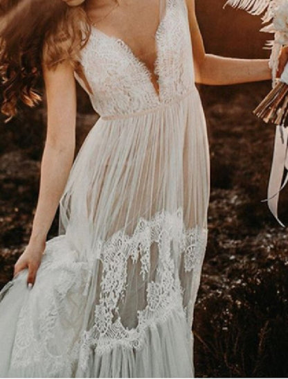 NumberSea - Beach Boho Wedding Dresses A - Line V Neck Sleeveless Court Train Lace Bridal Gowns With Lace Summer Fall Wedding Party