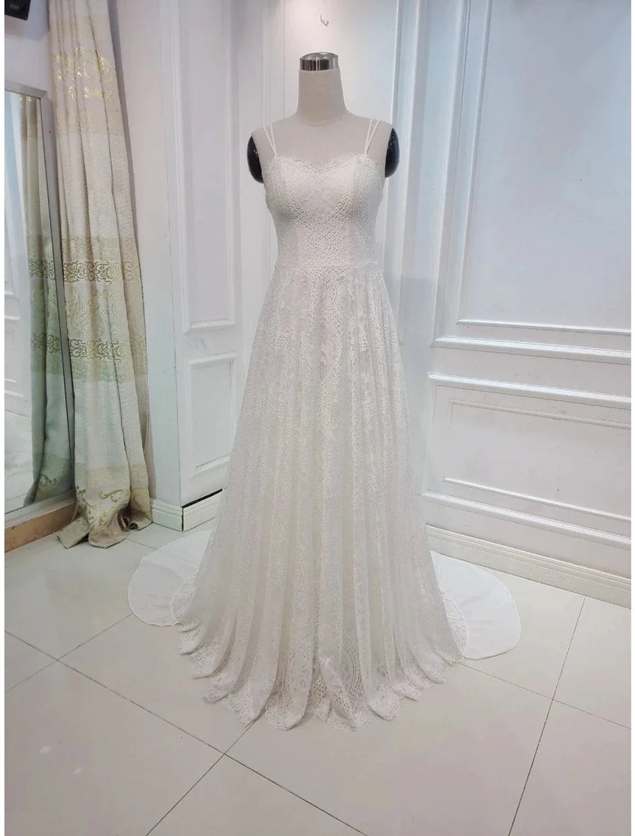 NumberSea - Beach Boho Wedding Dresses Chapel Train A - Line Sleeveless Sweetheart Lace With Pleats