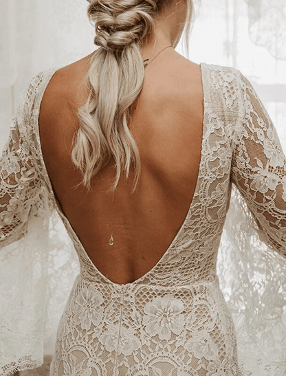 NumberSea - Beach Boho Wedding Dresses Chapel Train Mermaid / Trumpet Long Sleeve V Neck Lace With Appliques Solid Color