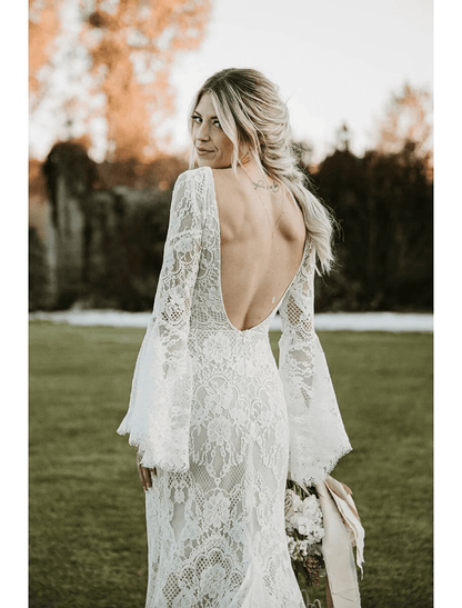 NumberSea - Beach Boho Wedding Dresses Chapel Train Mermaid / Trumpet Long Sleeve V Neck Lace With Appliques Solid Color